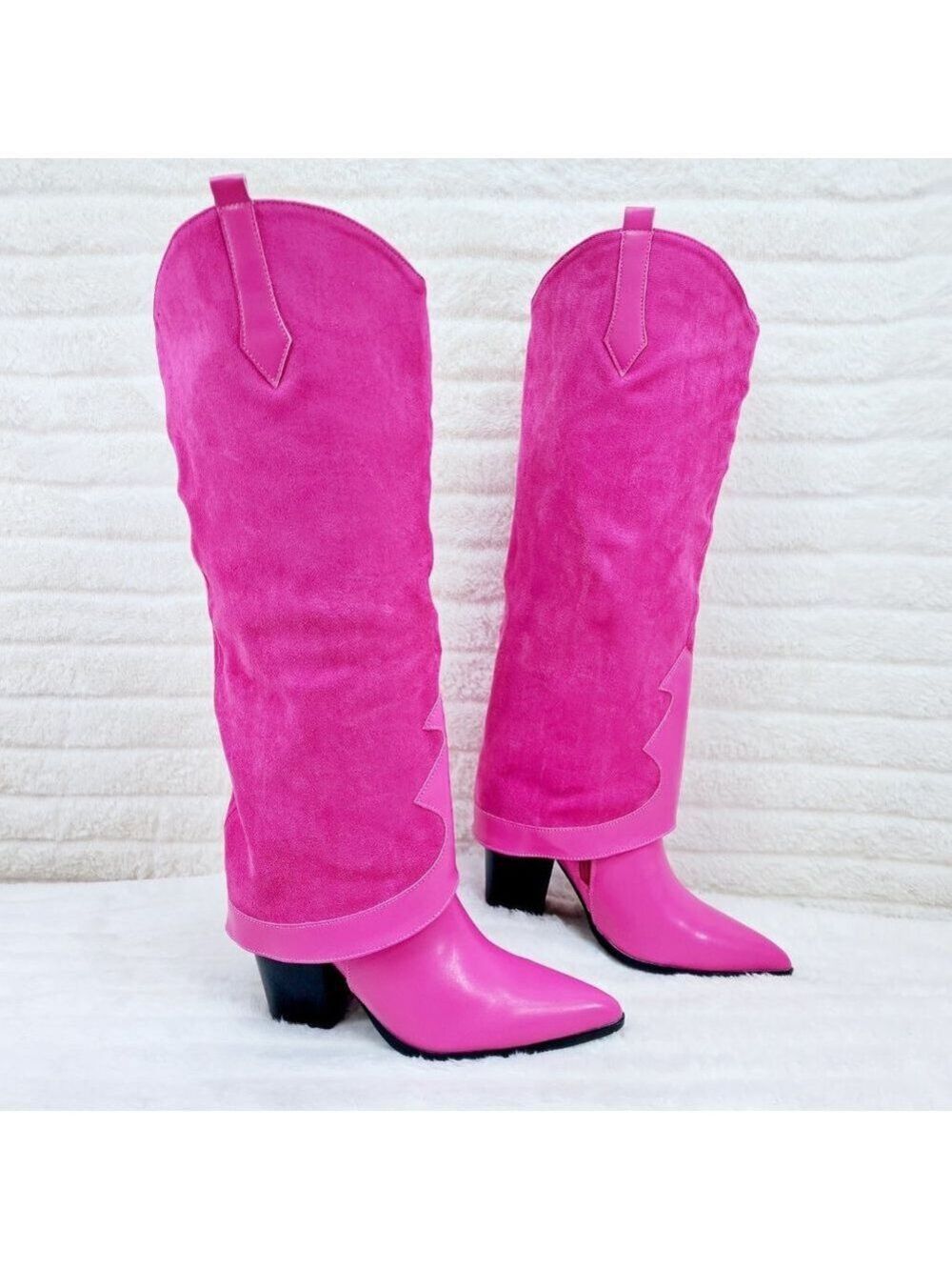 Branded Fuchsia Pink Skirted Fold Over Western Shark Knee High Cowgirl Boots - Picture 8 of 11